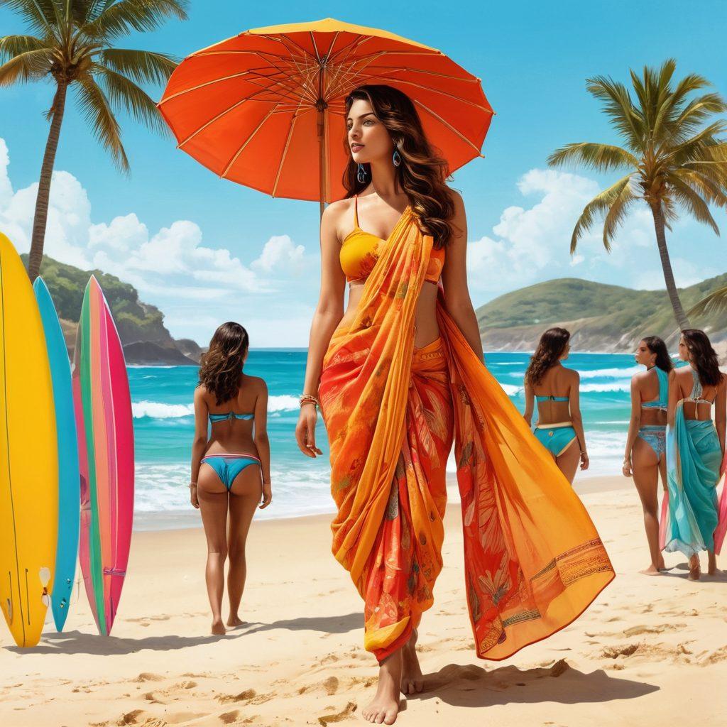 A vibrant collage depicting the transformation of women's beach fashion, showcasing a colorful sari flowing into stylish swimwear. Include a sandy beach backdrop with women of diverse ethnicities enjoying the sun, adorned in both traditional and contemporary designs. Incorporate elements like beach umbrellas and surfboards to accentuate the coastal vibe. The colors should be bright and inviting, highlighting the beauty of both styles. vintage illustration. vibrant colors.